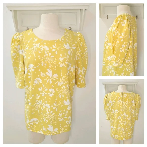 Mellóday Golden Yellow & White Floral Short Puff Sleeve Blouse Sz L NWT - Picture 1 of 16